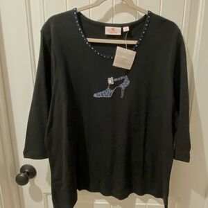 Quacker Factory Black Long Sleeve Tee with Blue Rhinestone Shoe Accent